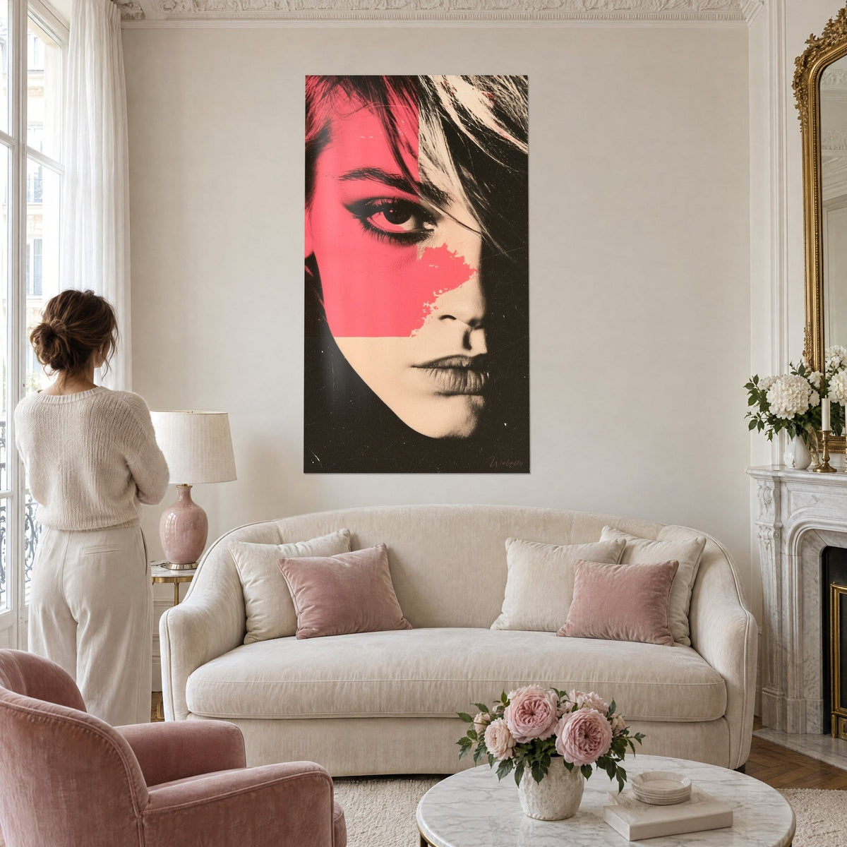 Cuadro retrato femenino mitad rosa coral, mitad negro, mirada perfilada con kohl, mujer de espaldas sobre un sofá en un salón luminoso