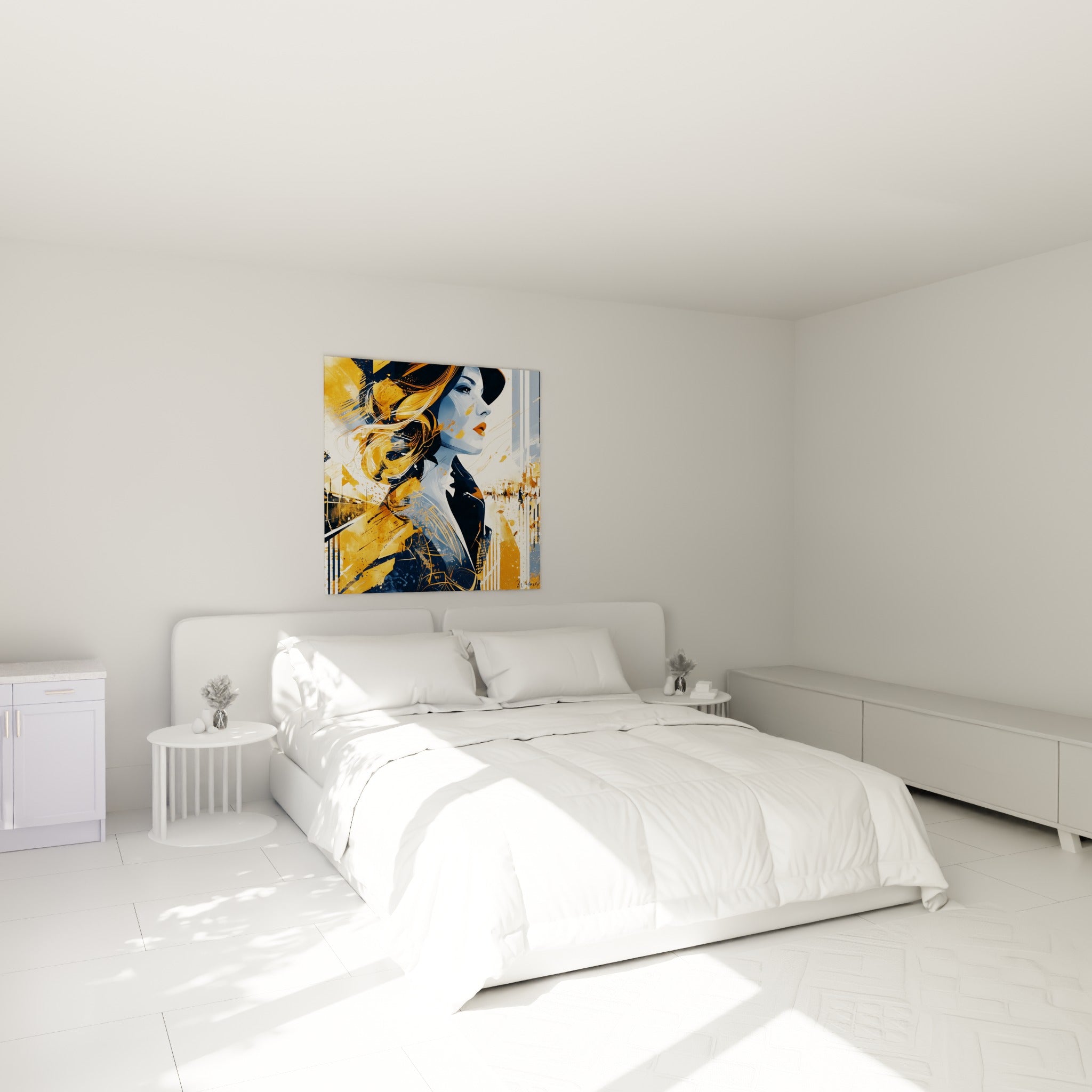 Silhouette féminine ocre et bleu marine au-dessus d'un lit dans une chambre claire