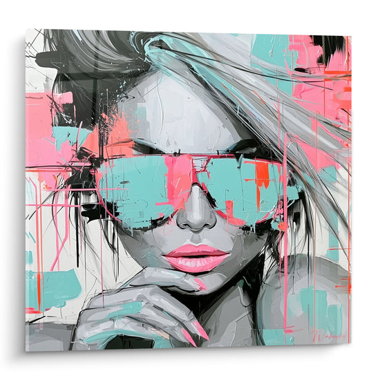 Portrait féminin aux lunettes réfléchissantes rose et turquoise, cheveux gris balayés en mouvement