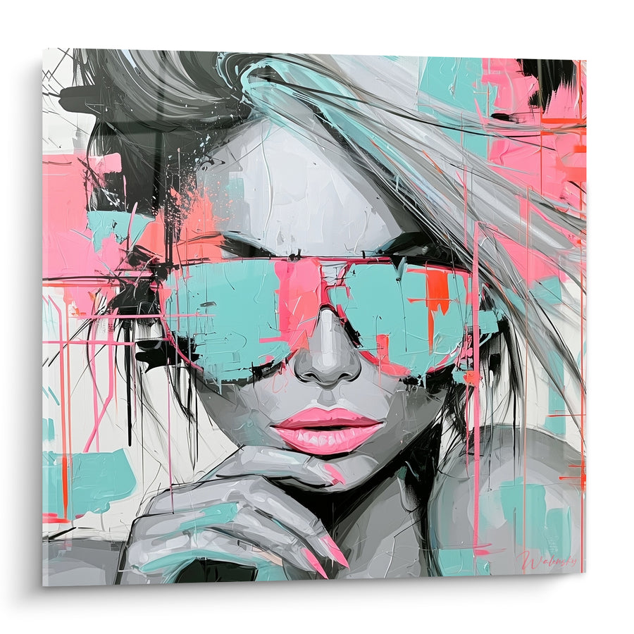 Tableau Femme aux lunettes rose et turquoise - Allure affirmée - Edition Rétro