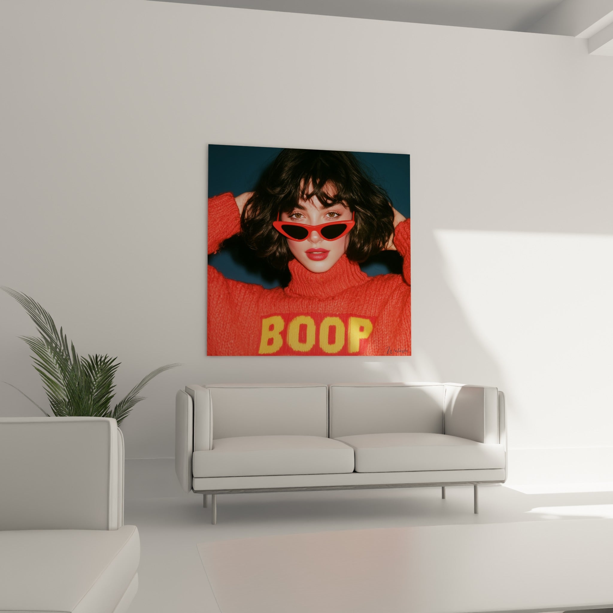 Sujet aux tons orange et bleu anthracite affiché au-dessus d'un canapé dans un salon lumineux