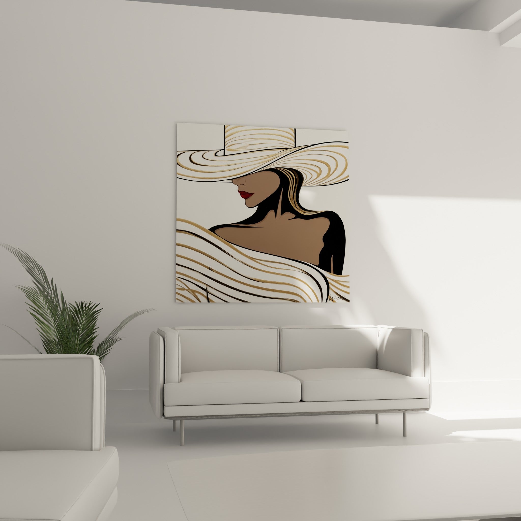 Portrait graphique doré et noir aux lignes fluides blanches, au-dessus d'un canapé dans un salon lumineux