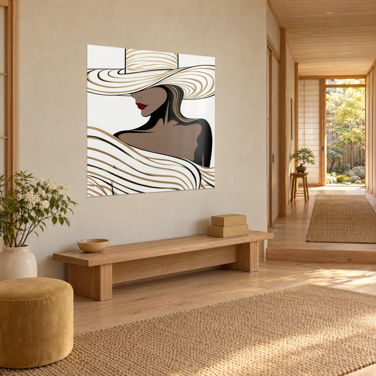 Tableau silhouette féminine sous un chapeau à larges bords, peau taupe et cheveux noirs, devant un couloir japandi