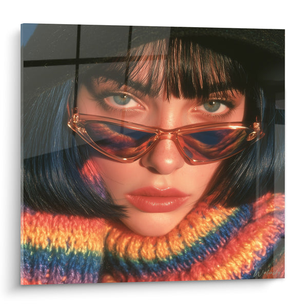 Tableau Femme lunettes rondes pull multicolore - Regard affirmé - Edition Rétro