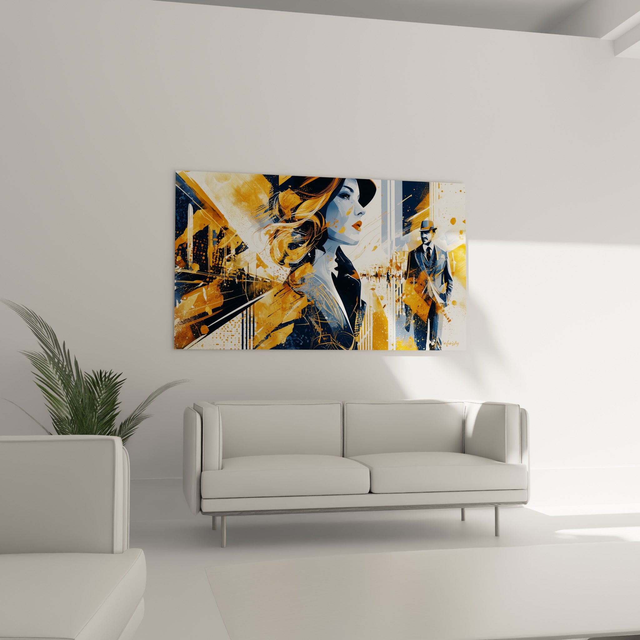 Portrait ocre et bleu marine d'une femme énigmatique, tableau Rétro au-dessus d'un canapé dans un salon lumineux