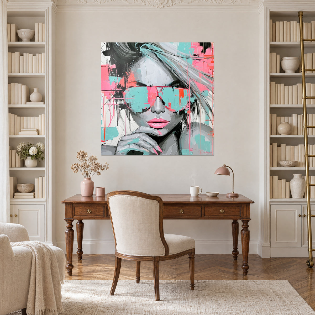 Quadro silhouette femminile con occhiali verde menta, riflessi corallo e grigi, tra due librerie bianche in uno studio haussmanniano