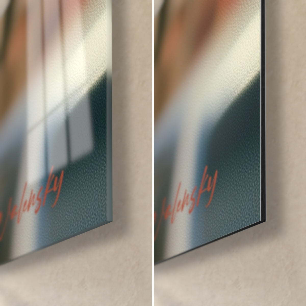 Cuadro retrato de mujer con gabardina arena, esquina inferior derecha: cristal acrílico brillante con reflejos, Dibond de aluminio negro mate, canto de 3 mm