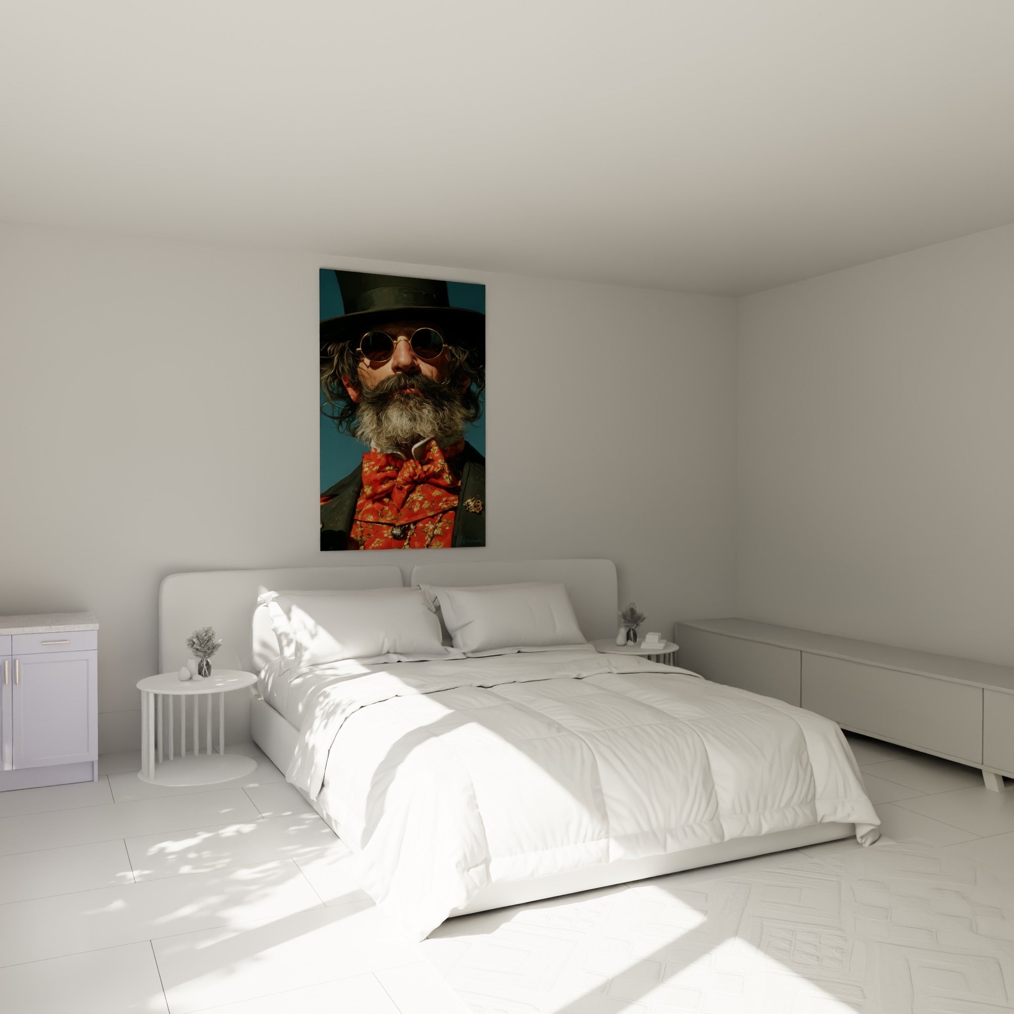 Personnage barbu Rétro en vert et rouge, accroché au-dessus d'un lit dans une chambre claire