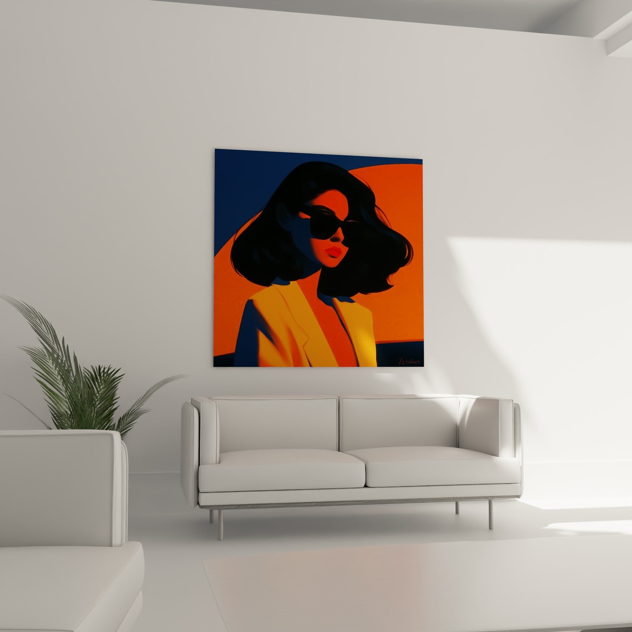 Femme au regard dissimulé, veste orange et lèvres rouges, suspendue au-dessus d'un canapé dans un salon lumineux