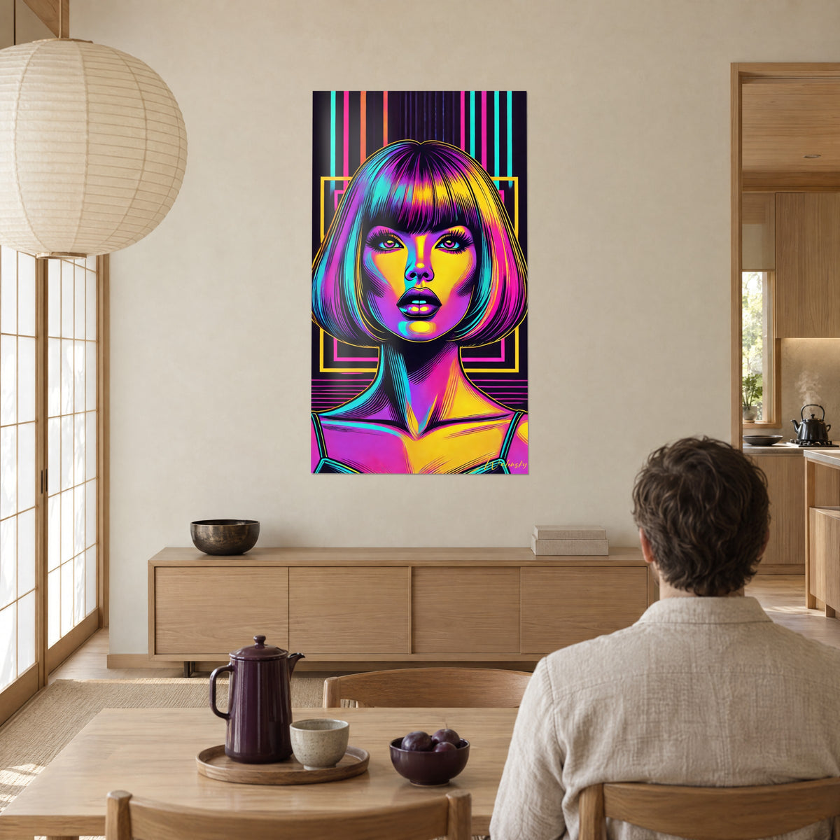 Quadro figura femminile con caschetto liscio, capelli rosa vivo e ciano, linee verticali al neon, di fronte a un uomo seduto in sala da pranzo