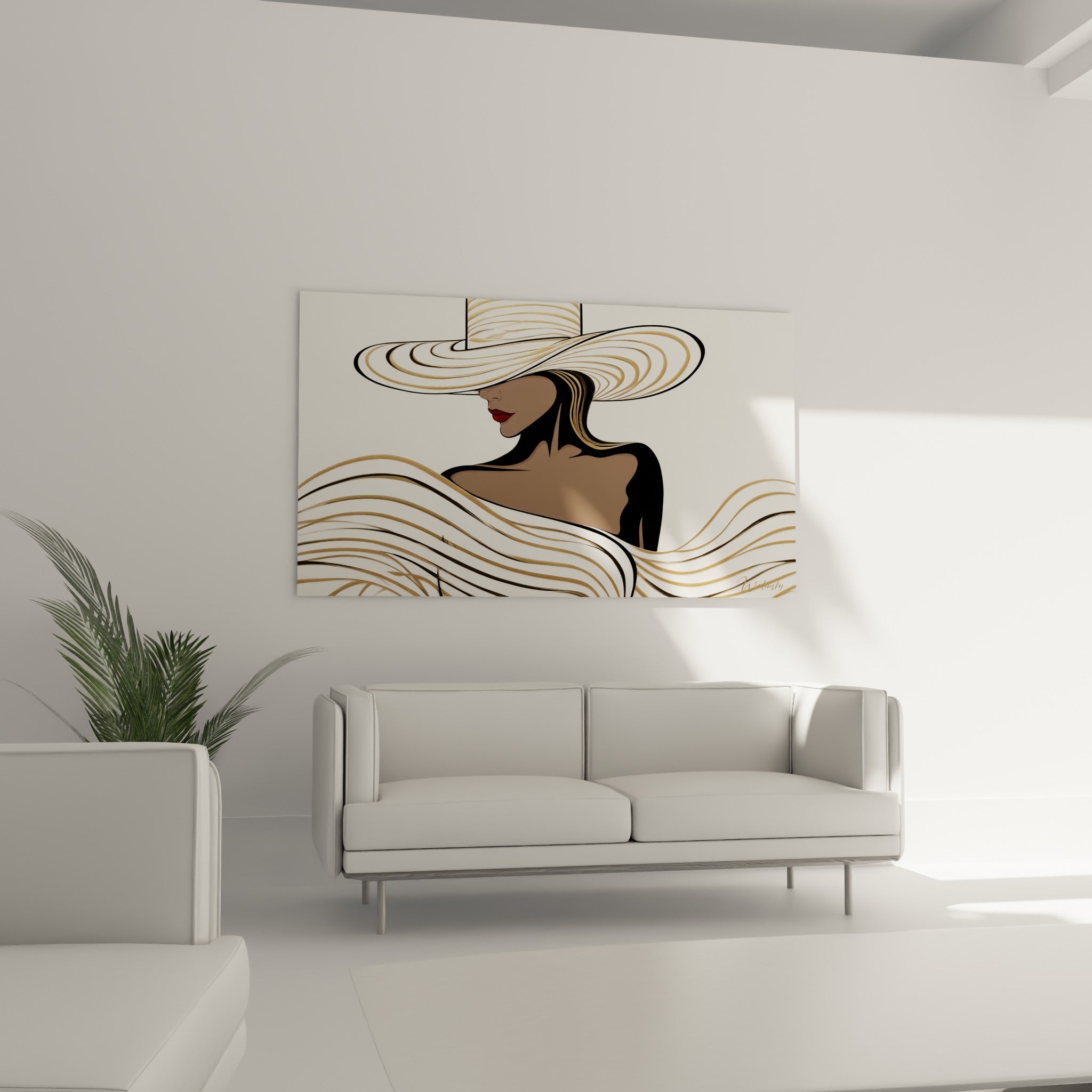 Portrait stylisé aux lignes ivoire et brunes, installé au-dessus d'un canapé dans un salon lumineux