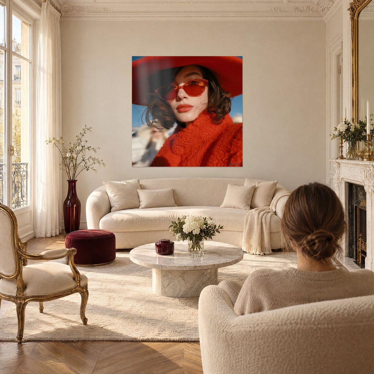 Gemälde Retro-Porträt einer Frau mit großem roten Hut und bernsteinfarbener Brille, blaú Himmel, über einem Sofa in einem hellen Wohnzimmer
