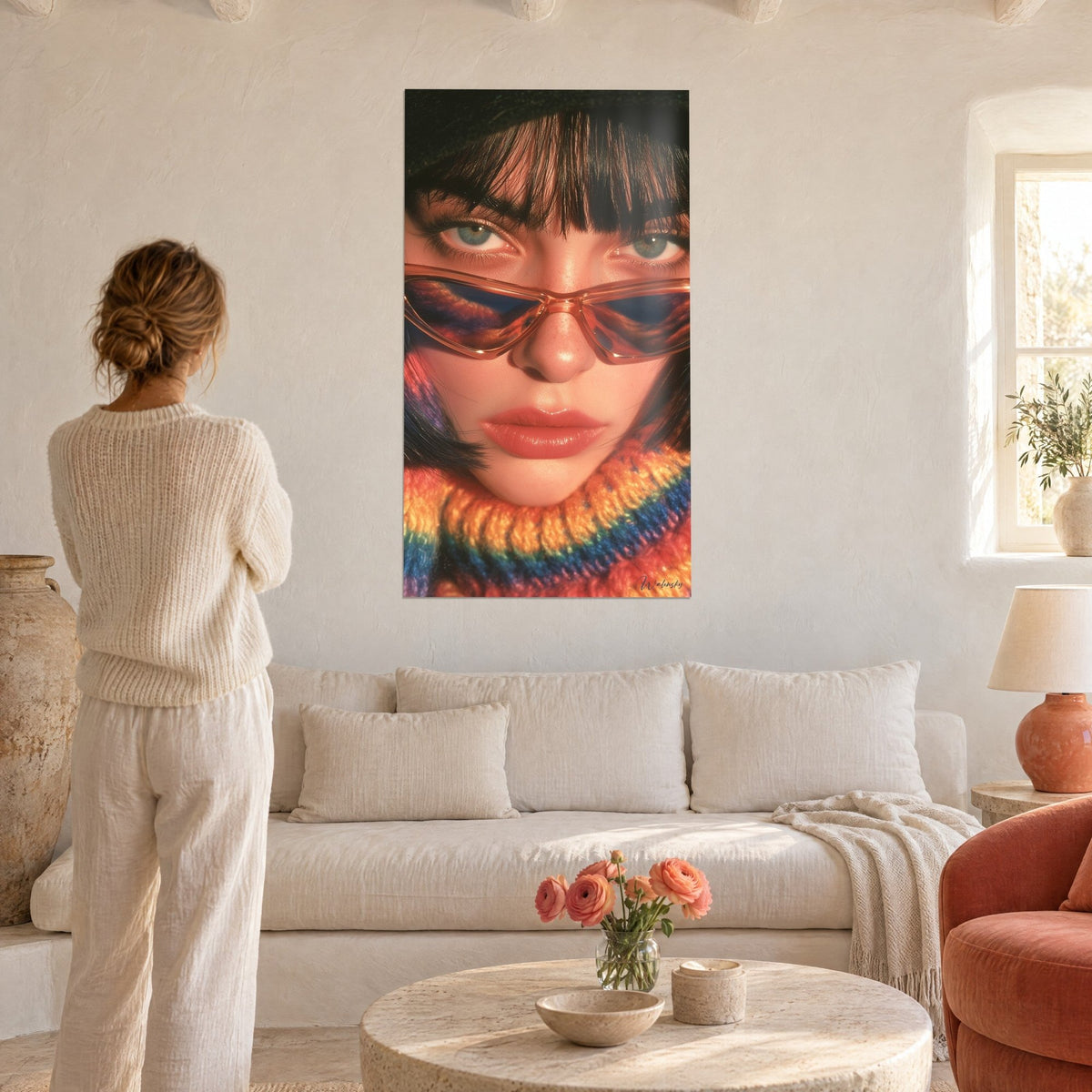 Cuadro retrato retro con gafas ámbar en forma de corazón, flequillo negro y cuello arcoíris, sobre un sofá en un salón luminoso