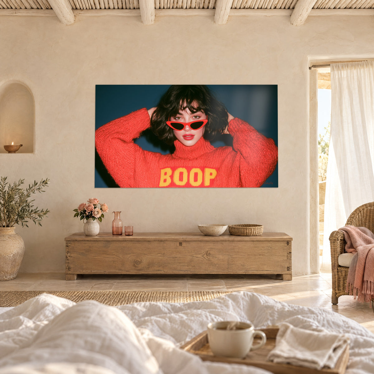 Wall art of a model with brown curls, knitted coral and yellow sweater on a navy blue background, above a bed in a bright bedroom