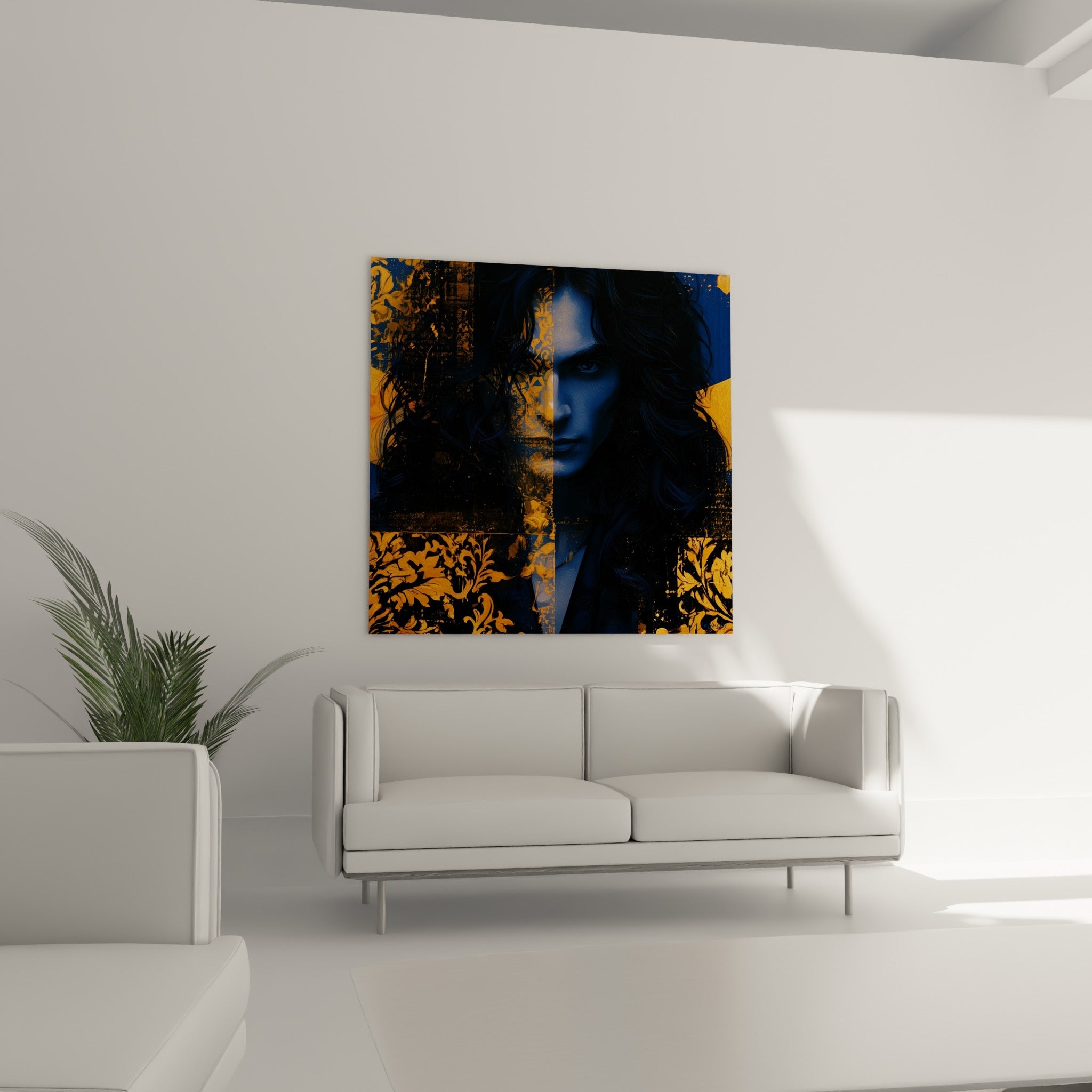 Regard perçant bleu nuit encadré d'or accroché au-dessus d'un canapé dans un salon lumineux