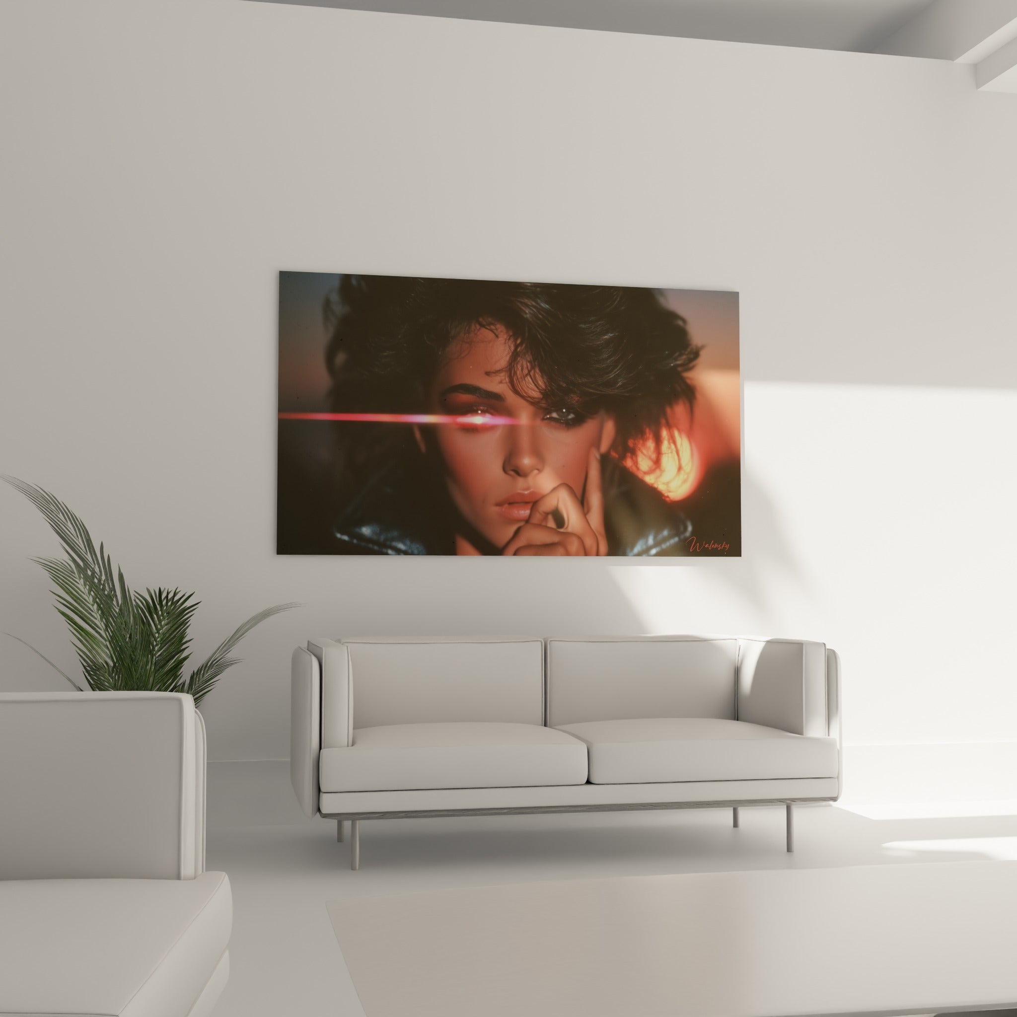 Regard perçant illuminé d'un rayon doré au-dessus d'un canapé dans un salon lumineux