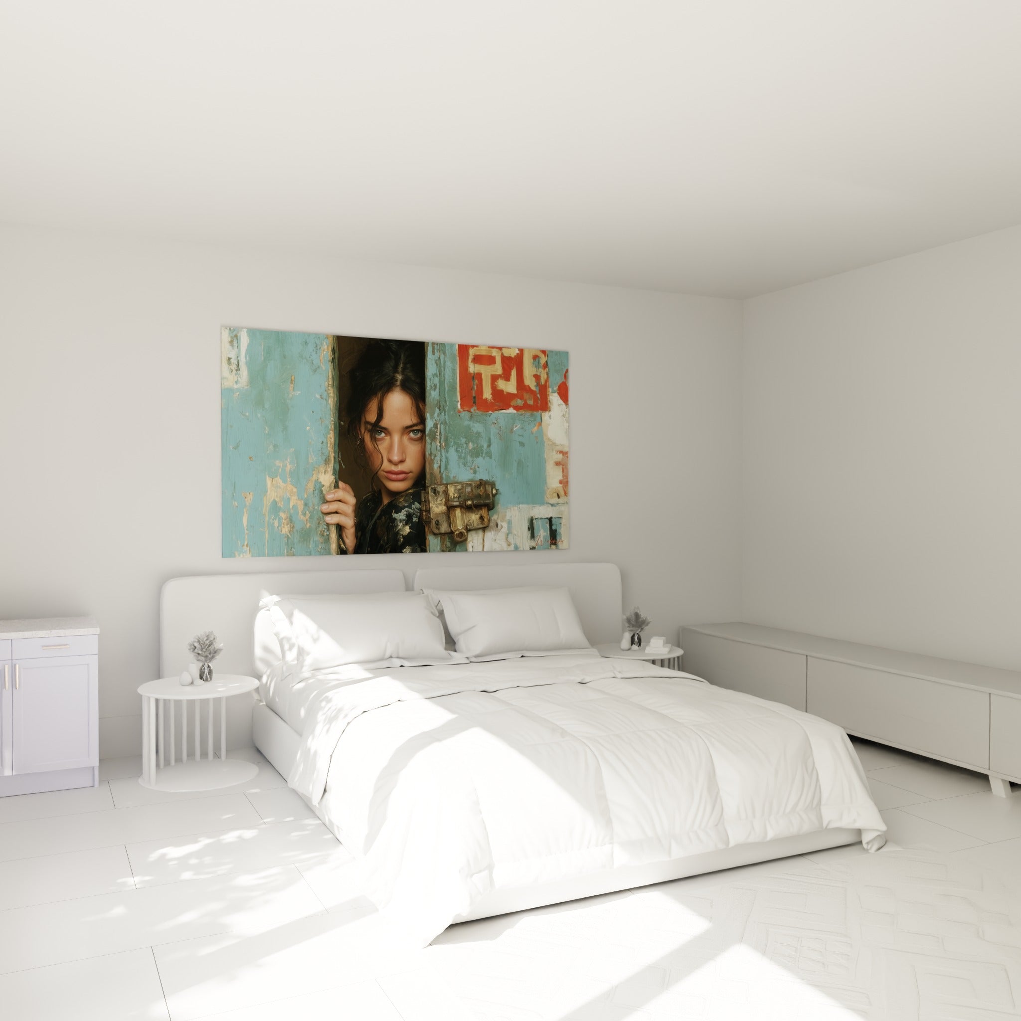 Regard perçant d'une femme brune entre porte bleue et rouge, accroché au-dessus d'un lit dans une chambre claire