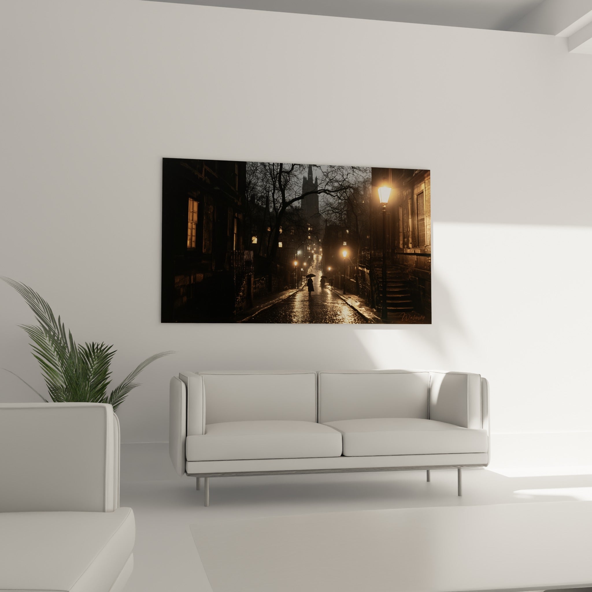 Réverbères ambrés illuminant une rue pavée anthracite, au-dessus d'un canapé dans un salon lumineux