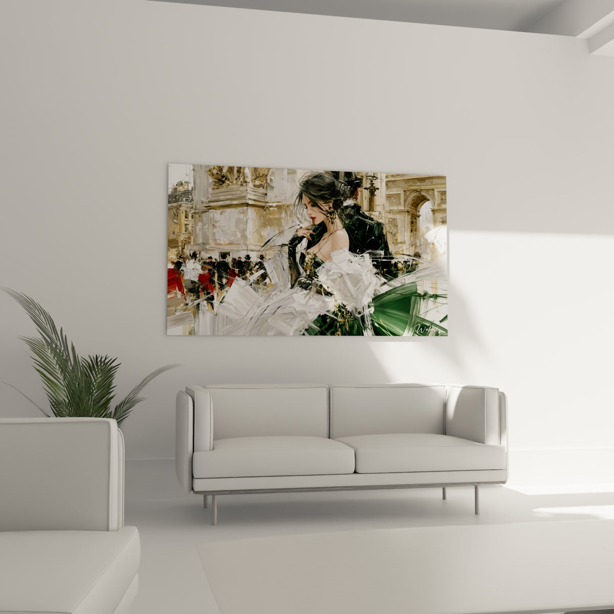 Femme en robe blanche froufroutante et corsage vert au-dessus d'un canapé dans un salon lumineux