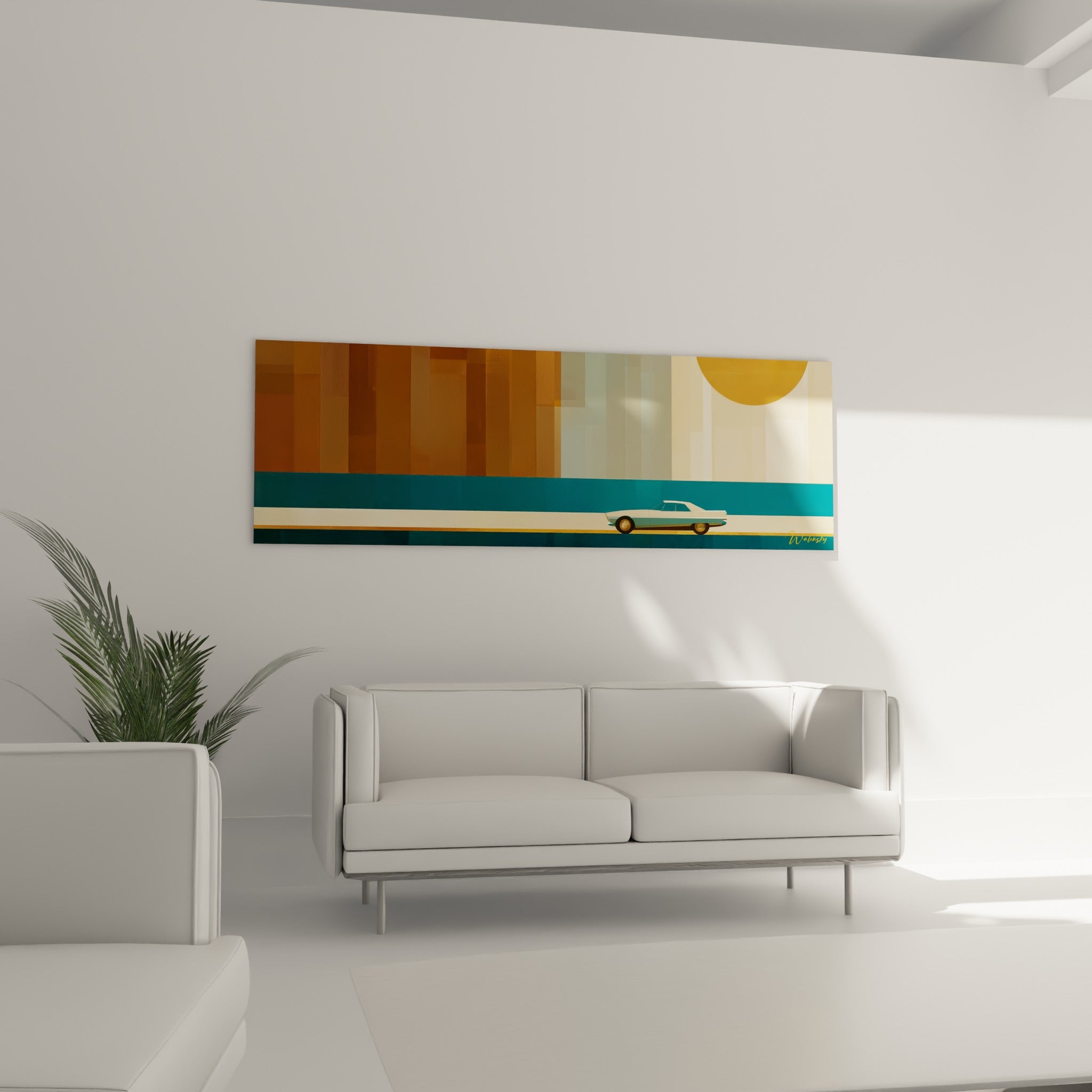 Silhouette de voiture ancienne bleu pâle et route pétrole du tableau au-dessus d'un canapé dans un salon lumineux