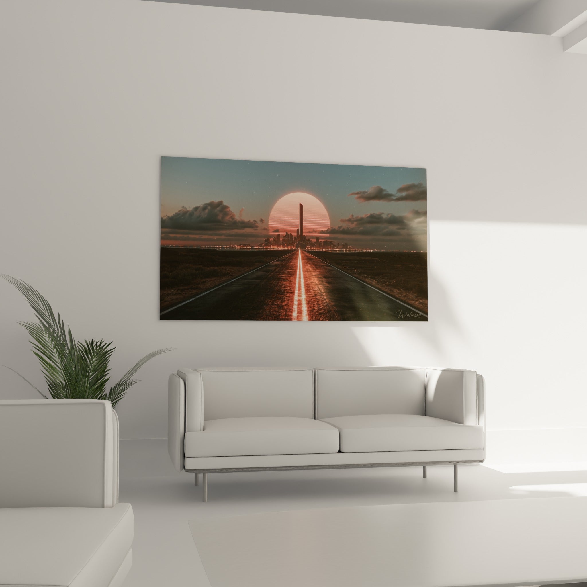 Route lumineuse rouge et soleil corail d'un tableau rétro au-dessus d'un canapé dans un salon lumineux
