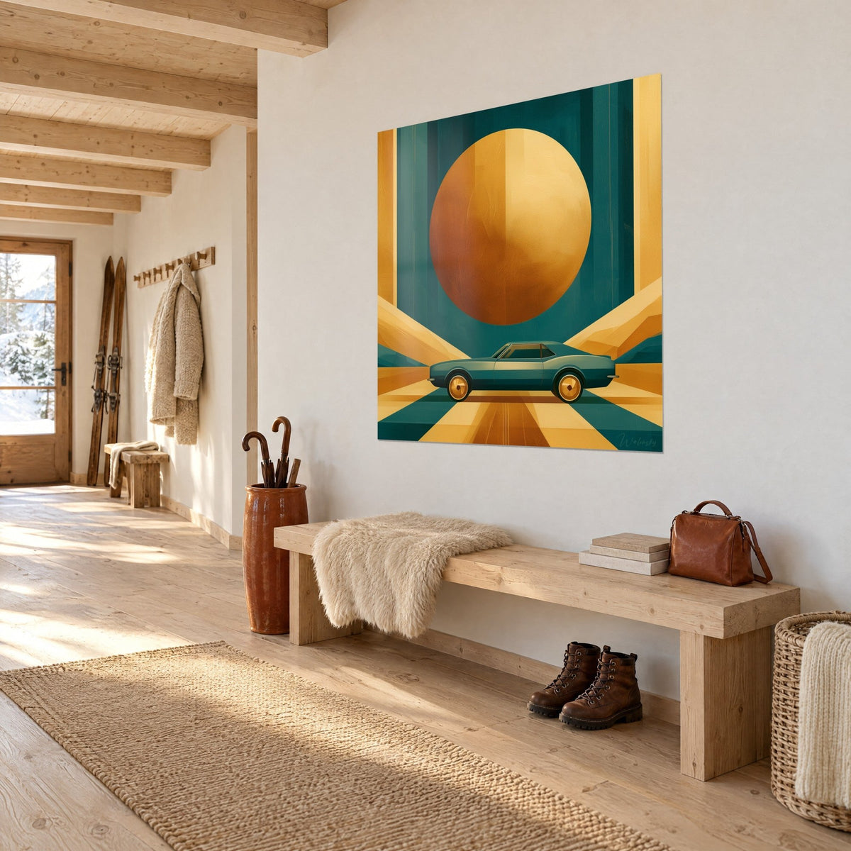 Quadro con un taglio obliquo verde acqua sotto un astro dorato, raggi ocra e turchese, appeso all'ingresso di uno chalet in legno chiaro
