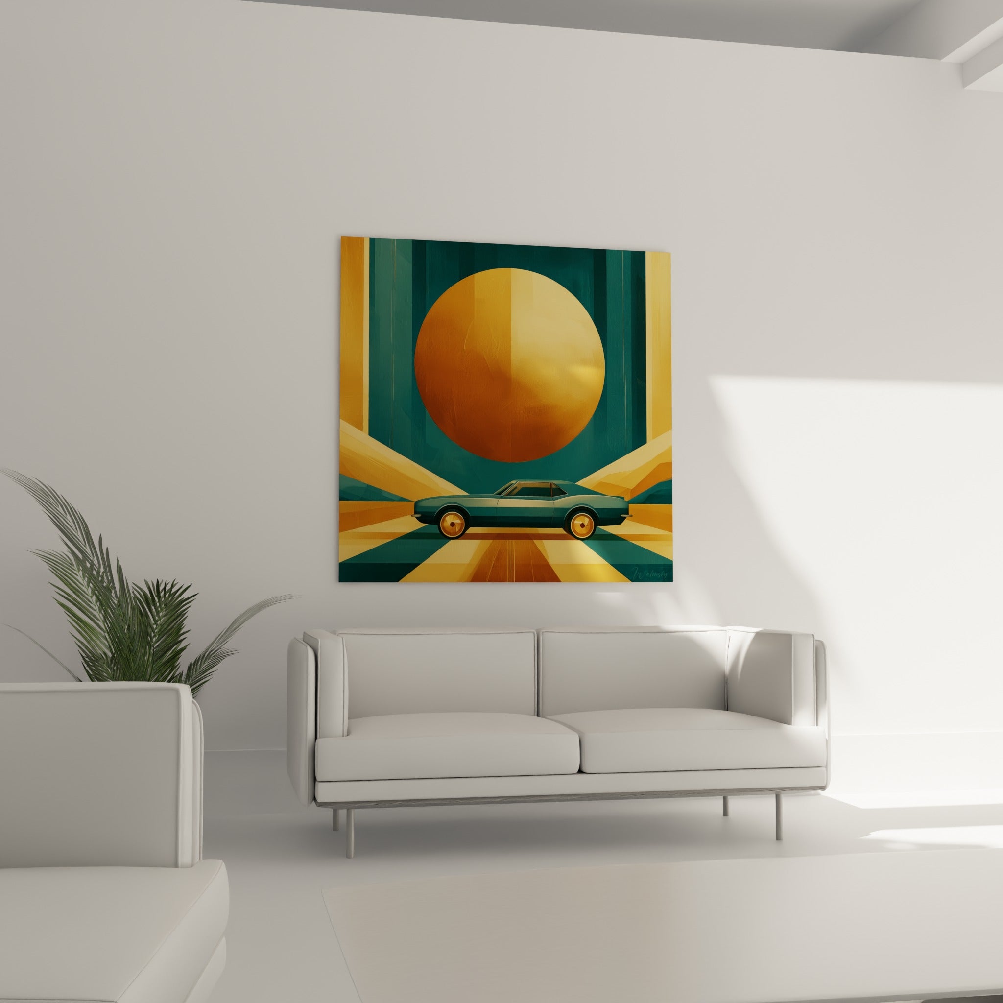 Route dorée et voiture teal illustrant ce tableau Rétro, au-dessus d'un canapé dans un salon lumineux