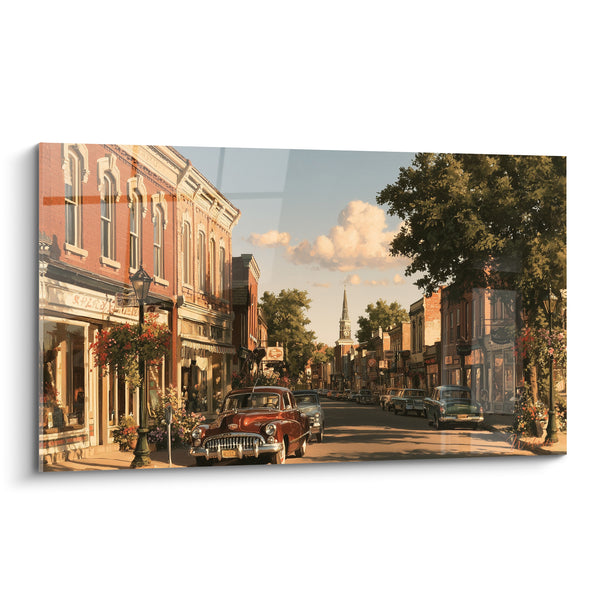 Tableau Rue principale voitures rouge et brique - Douceur provinciale - Edition Rétro