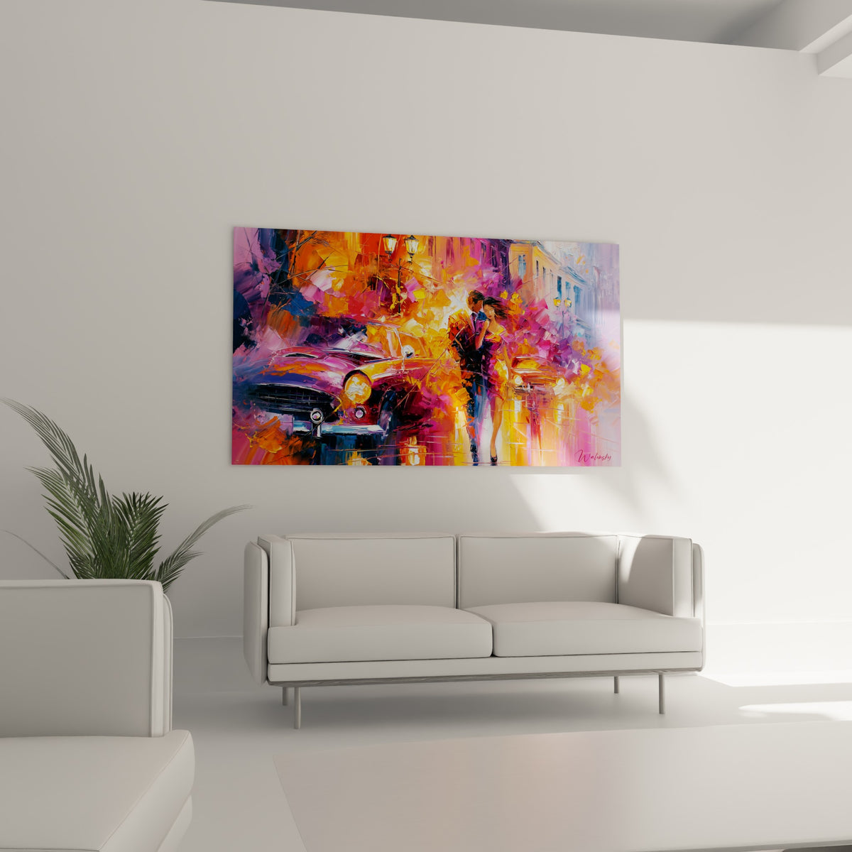 Scène urbaine nocturne en violet et orange avec réverbères, au-dessus d'un canapé dans un salon lumineux