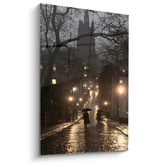 Tableau Rue pavée sous la pluie et réverbères - Soir de pluie ancien - Edition Rétro
