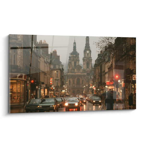 Tableau Rue pavée voitures anciennes église brumeuse - Soir de pluie citadin - Edition Rétro