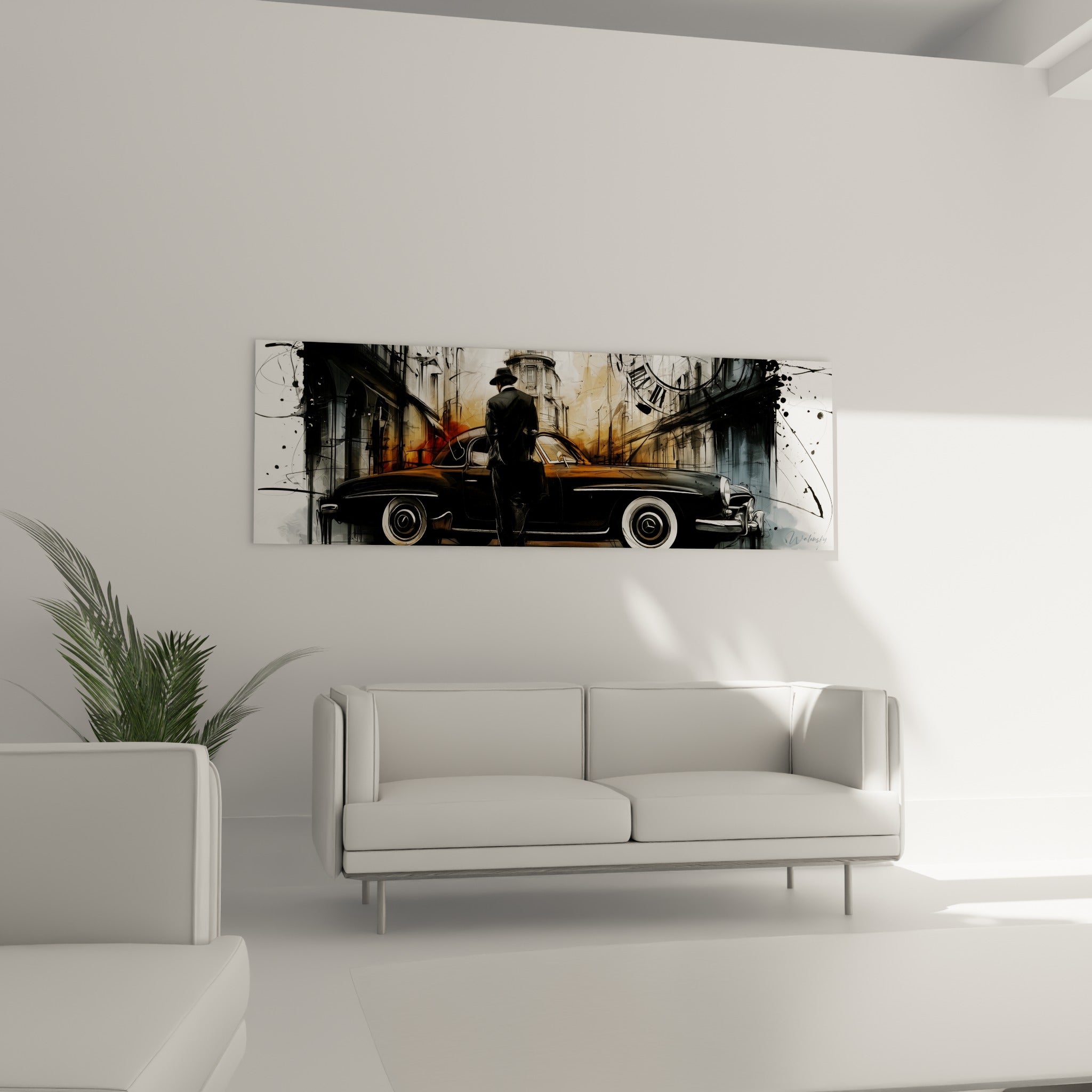 Silhouette élégante près d'une automobile sombre aux touches sépia, au-dessus d'un canapé dans un salon lumineux