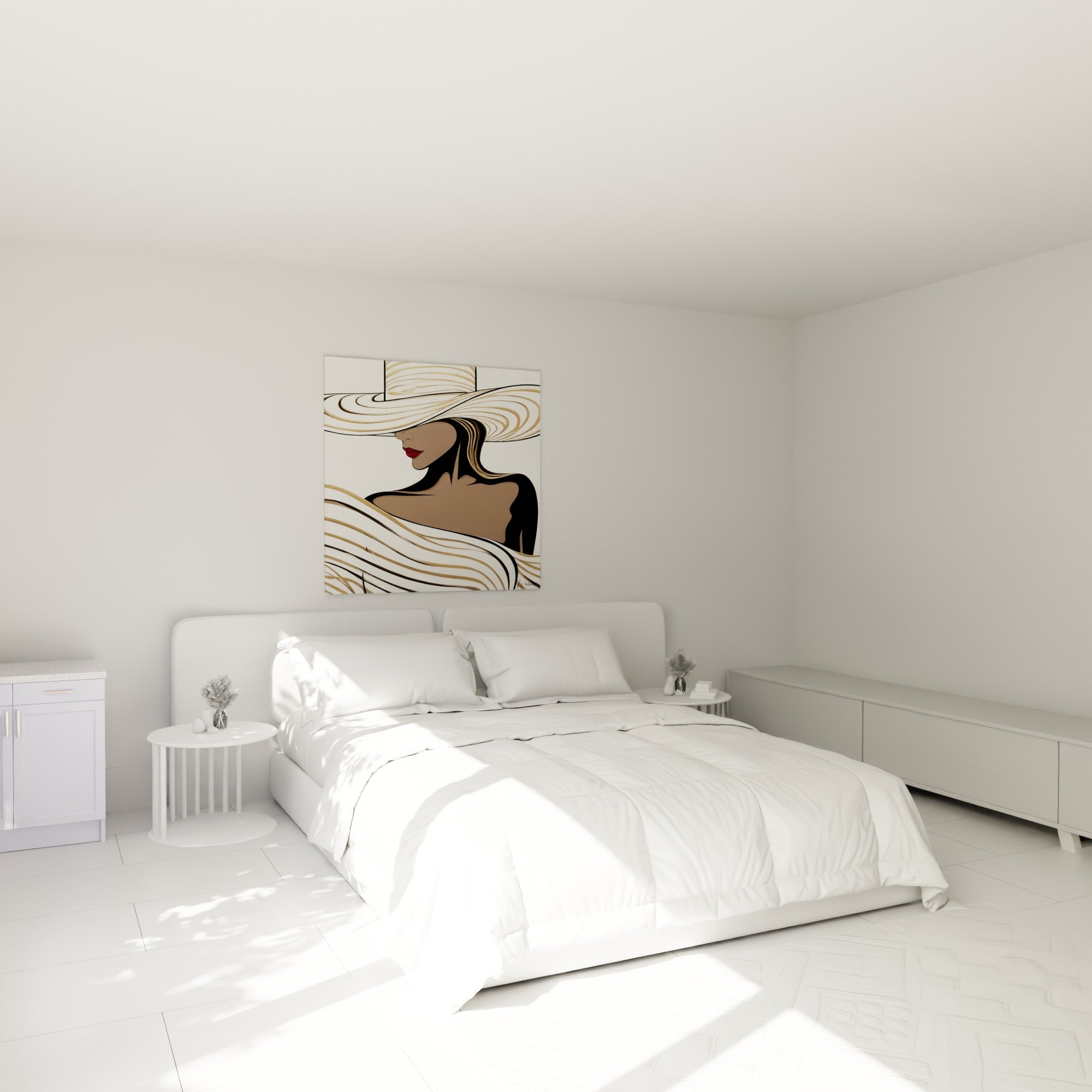 Silhouette dorée et brune à large chapeau, ondulations blanches, au-dessus d'un lit dans une chambre claire