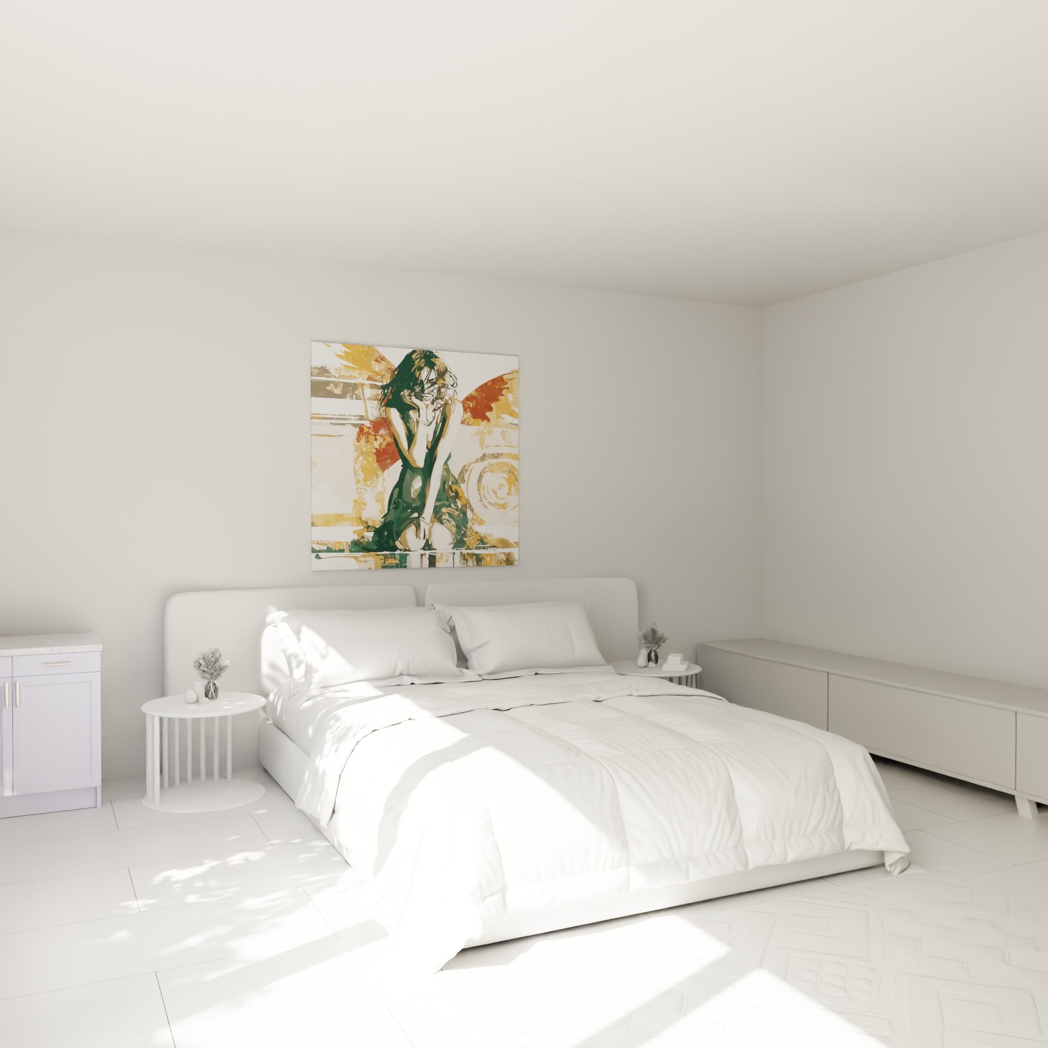 Silhouette recroquevillée en vert sapin et ocre, accrochée au-dessus d'un lit dans une chambre claire