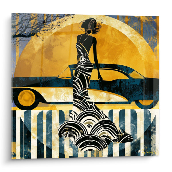 Tableau Femme silhouette dorée robe rayée - Élégance nocturne - Edition Rétro