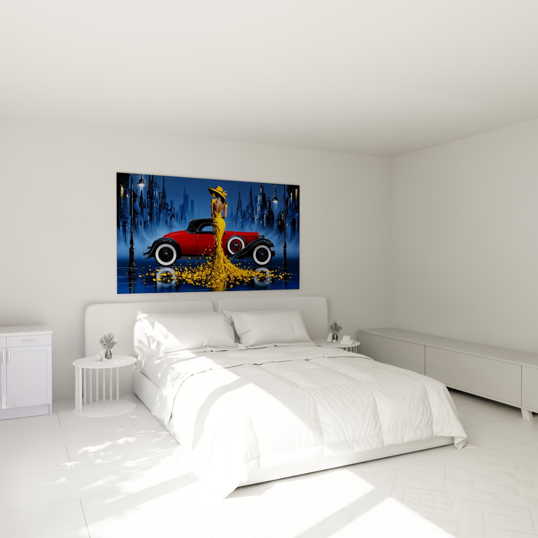 Silhouette dorée près d'une voiture rouge rétro, tableau accroché au-dessus d'un lit dans une chambre claire
