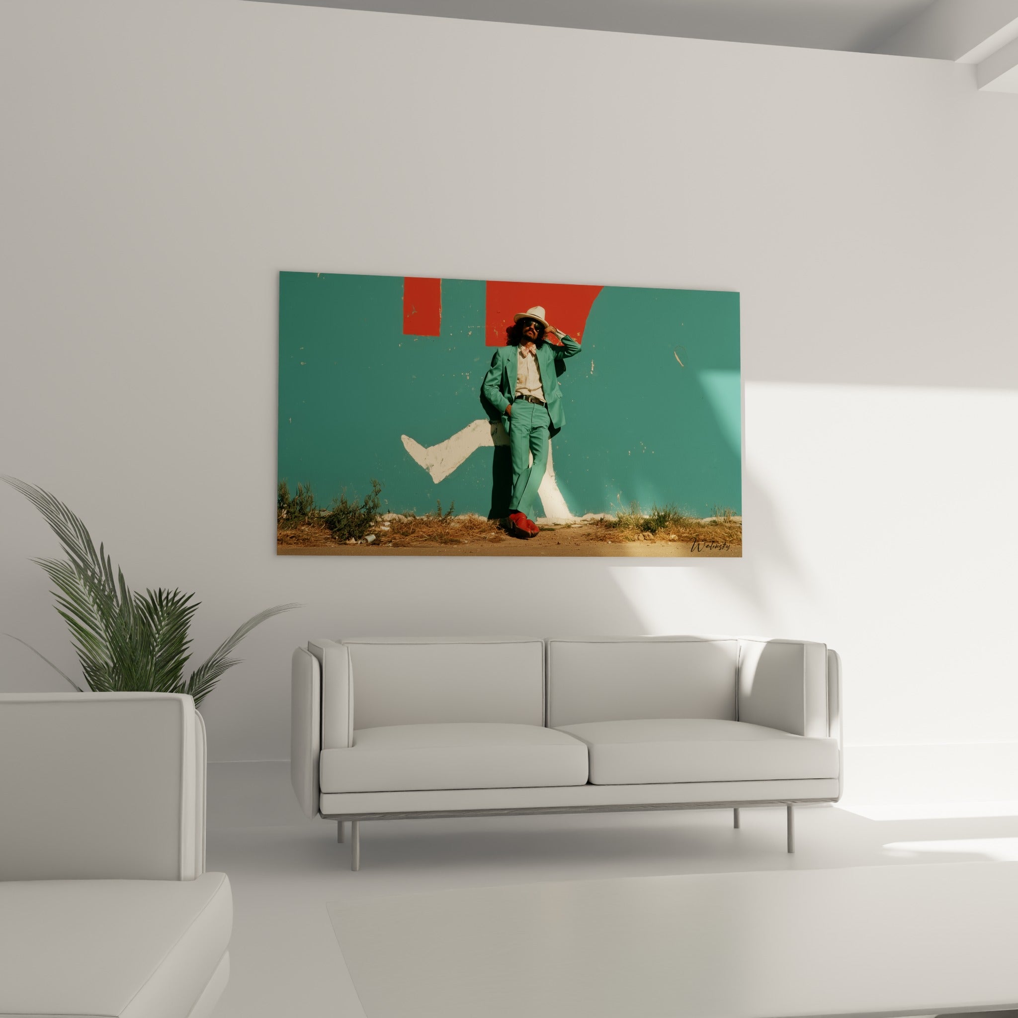 Silhouette élégante en vert menthe et rouge terracotta accrochée au-dessus d'un canapé dans un salon lumineux