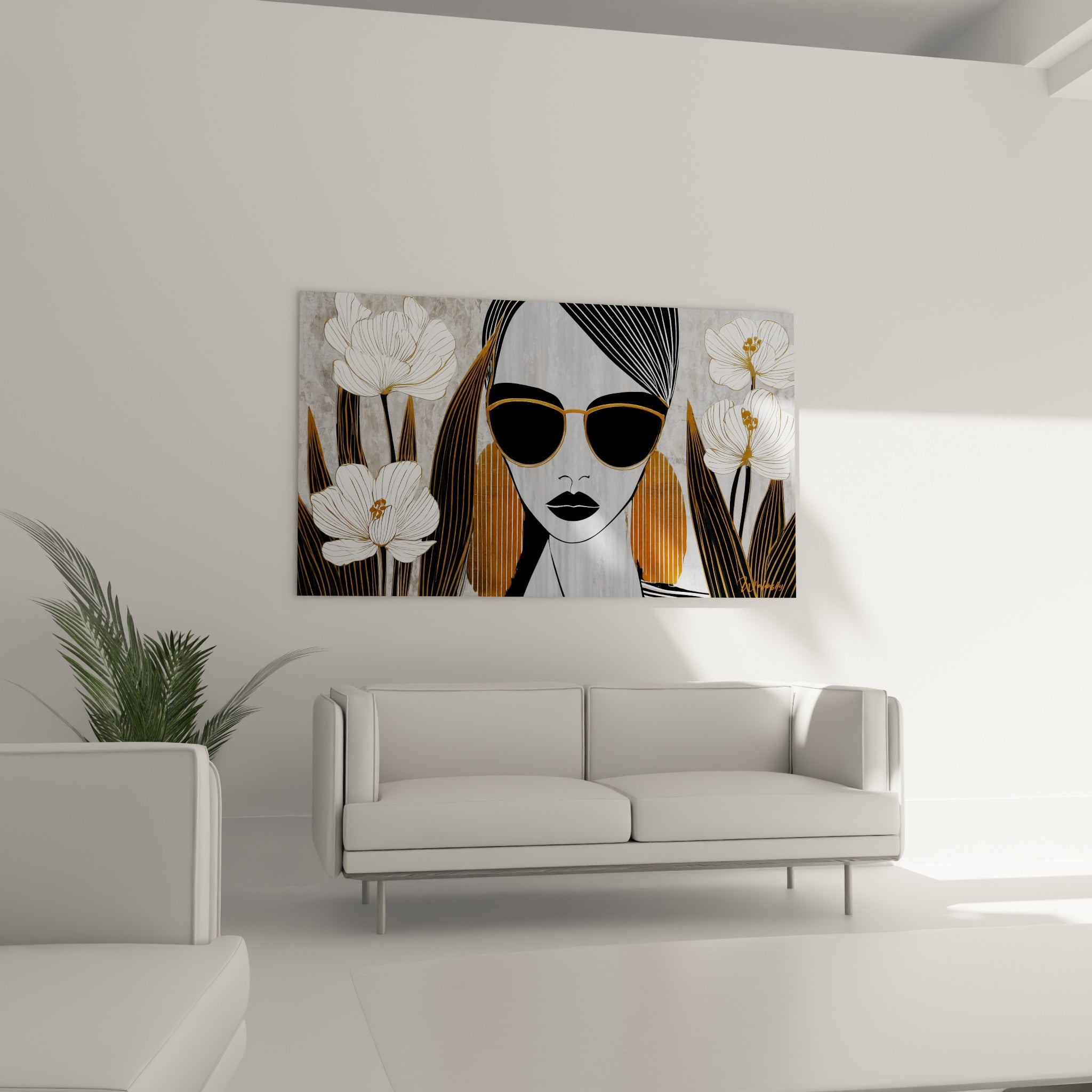Portrait graphique noir et blanc entouré de fleurs délicates, au-dessus d'un canapé dans un salon lumineux