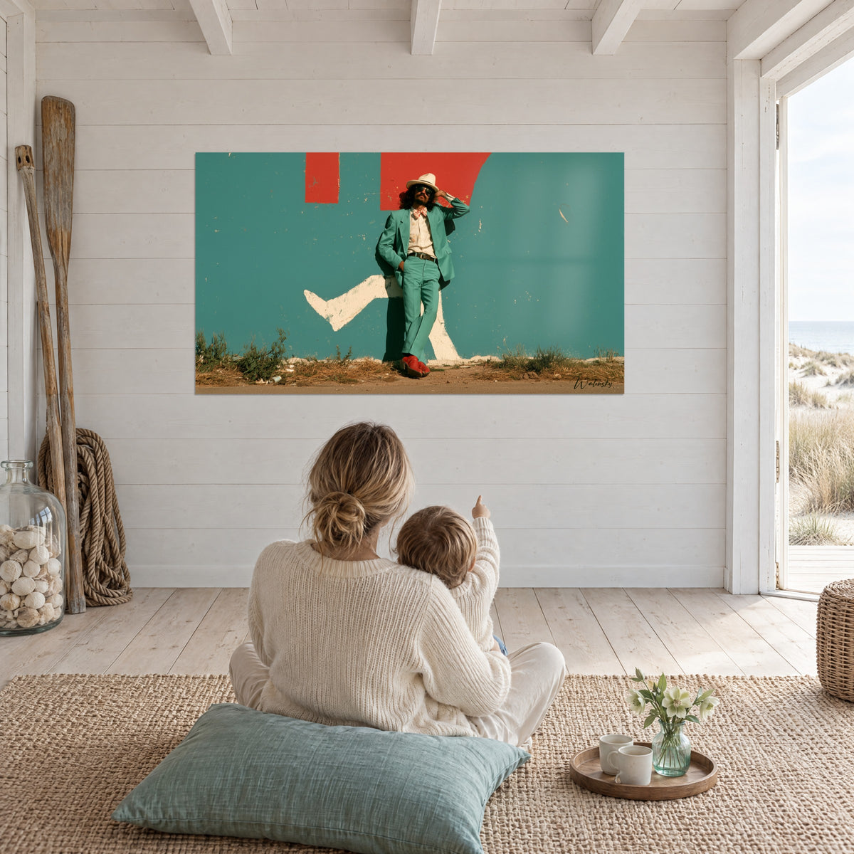 Cuadro de estilo setentero, traje menta, sombrero crema y zapatos rojos contra una pared turquesa, salón junto al mar