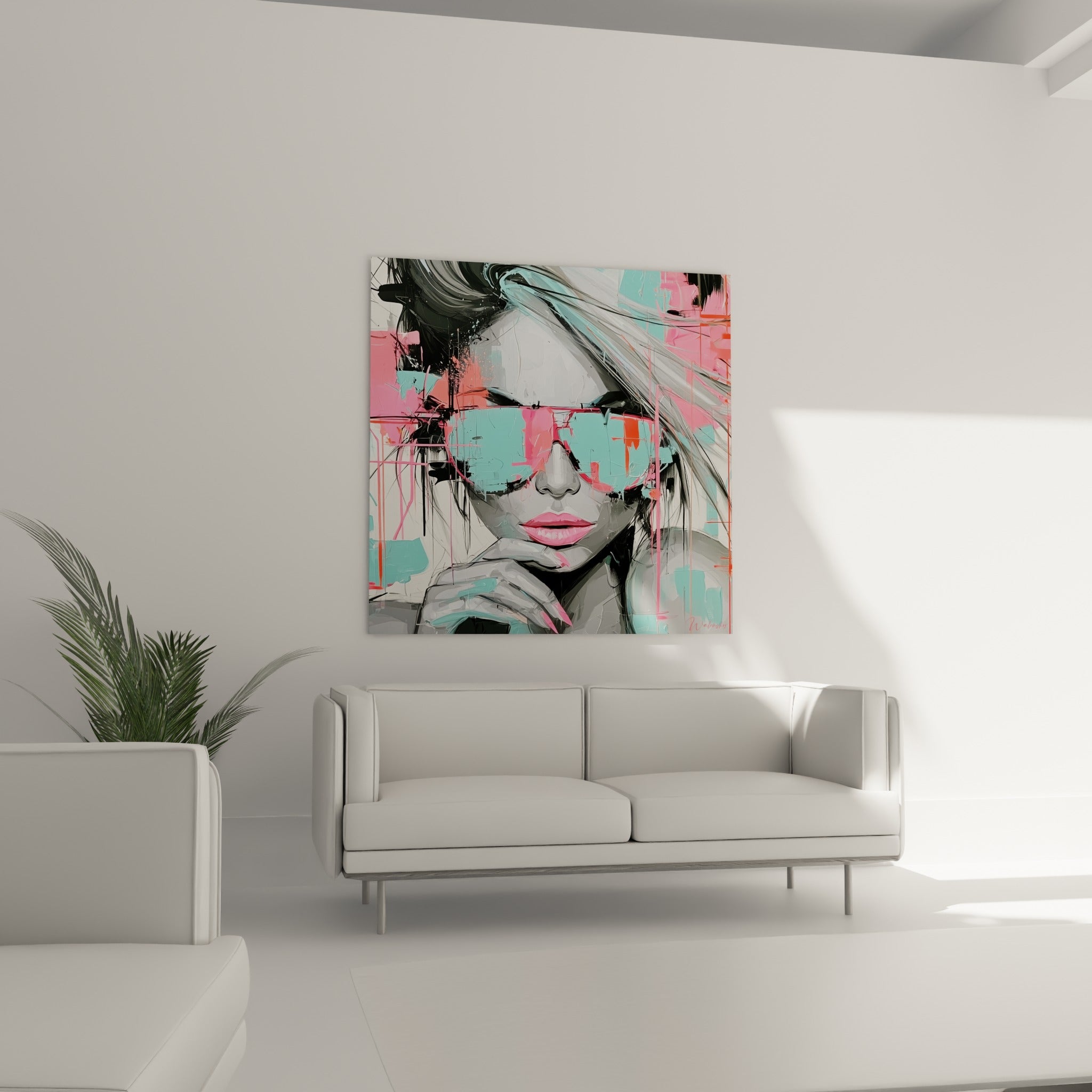 Silhouette féminine peinte en gris et rose fluo, regard masqué par des verres réfléchissants, au-dessus d'un canapé dans un salon lumineux