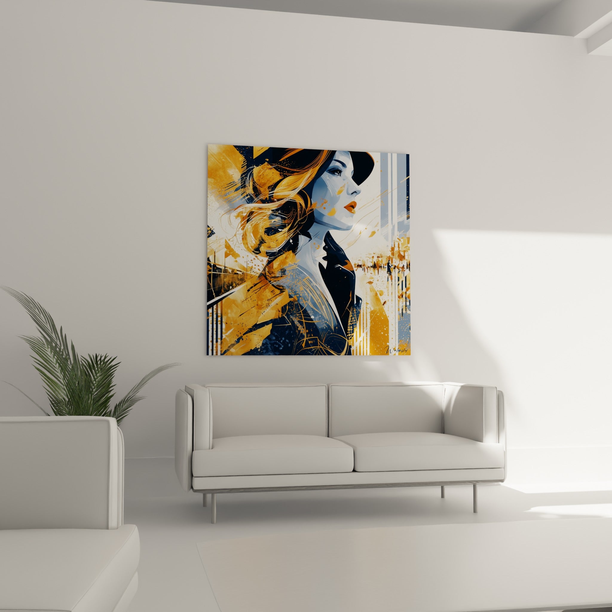 Portrait stylisé ocre et bleu marine accroché au-dessus d'un canapé dans un salon lumineux