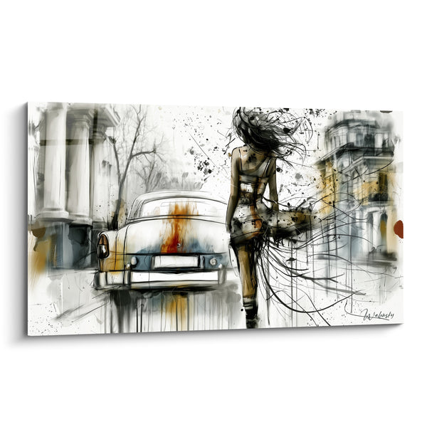 Tableau Silhouette et voiture ancienne dans une rue ocre - Fuite urbaine - Edition Rétro