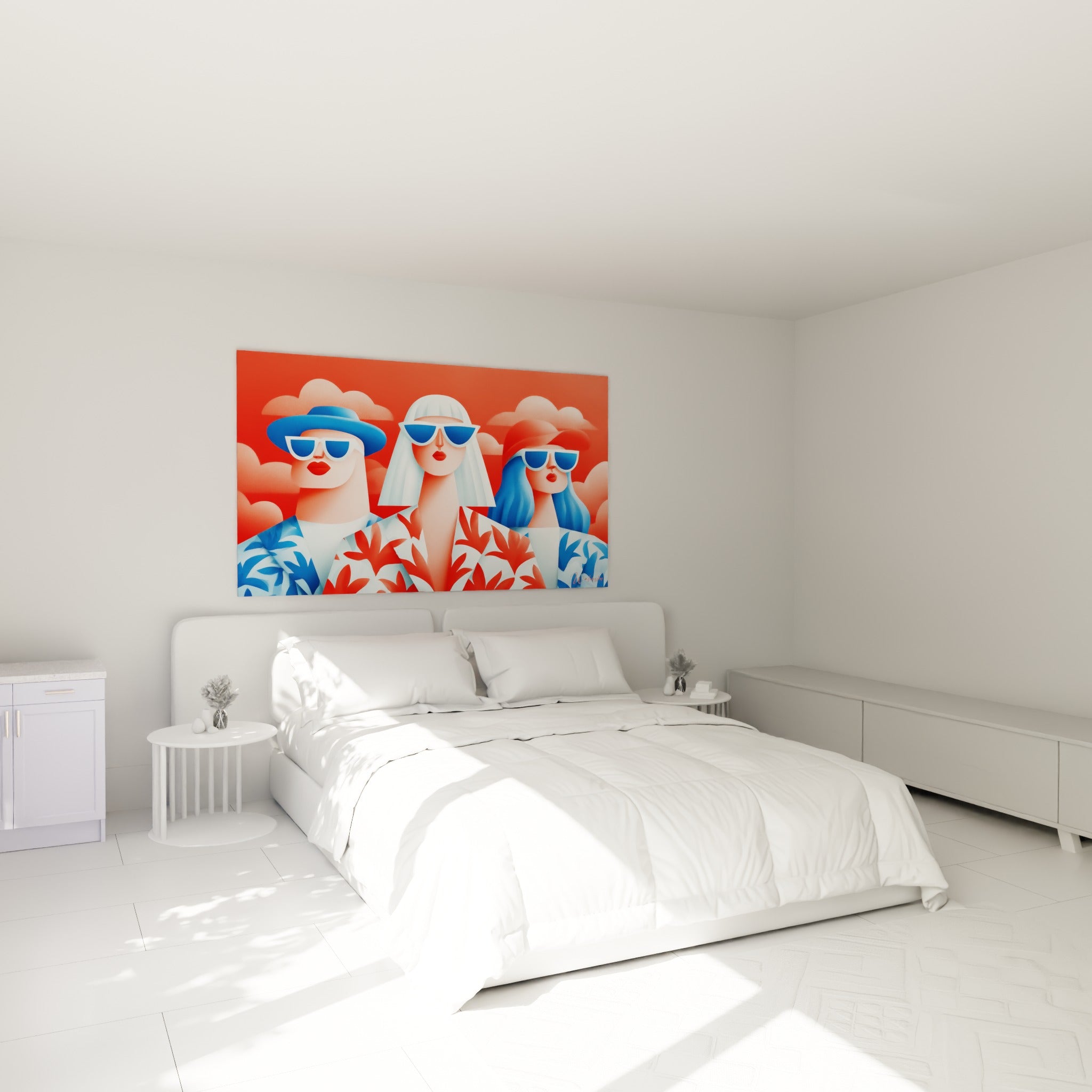 Silhouettes Rétro corail et bleu marine, chapeaux et lunettes fumées, au-dessus d'un lit dans une chambre claire
