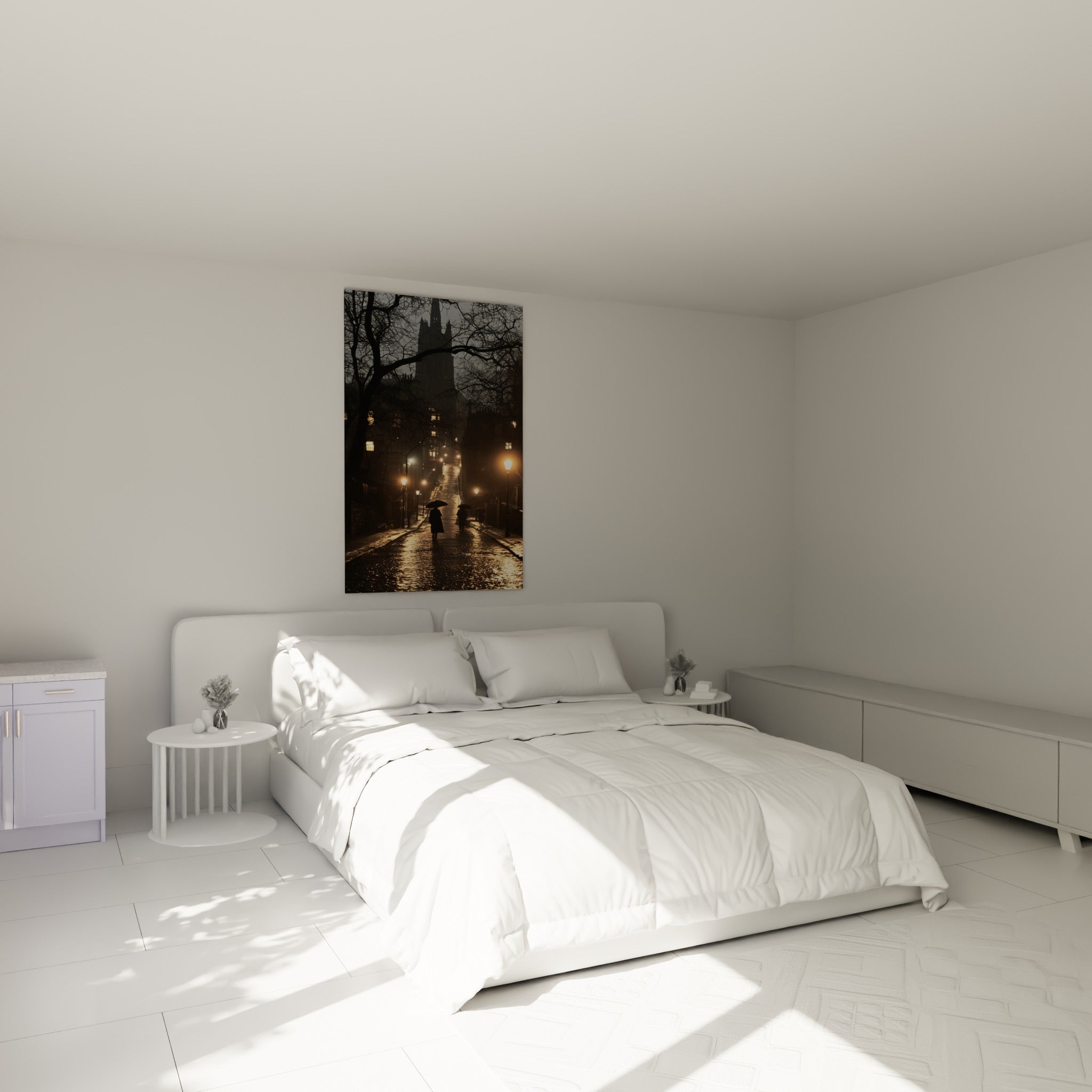 Silhouettes brunes marchant sous des réverbères dorés, toile au-dessus d'un lit dans une chambre claire