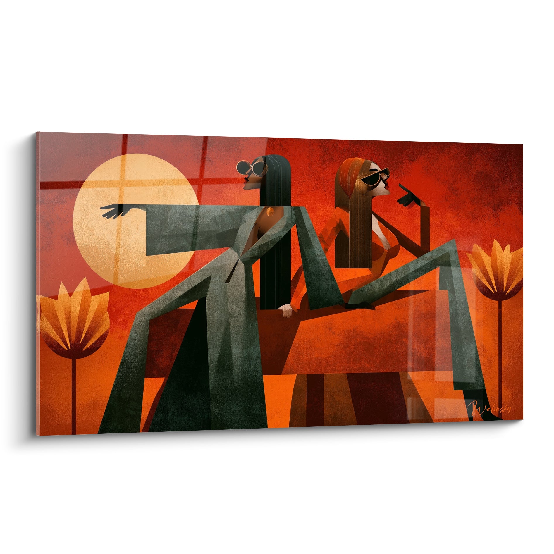 Silhouettes féminines aux manteaux vert anthracite et fond terracotta, soleil doré en arrière-plan
