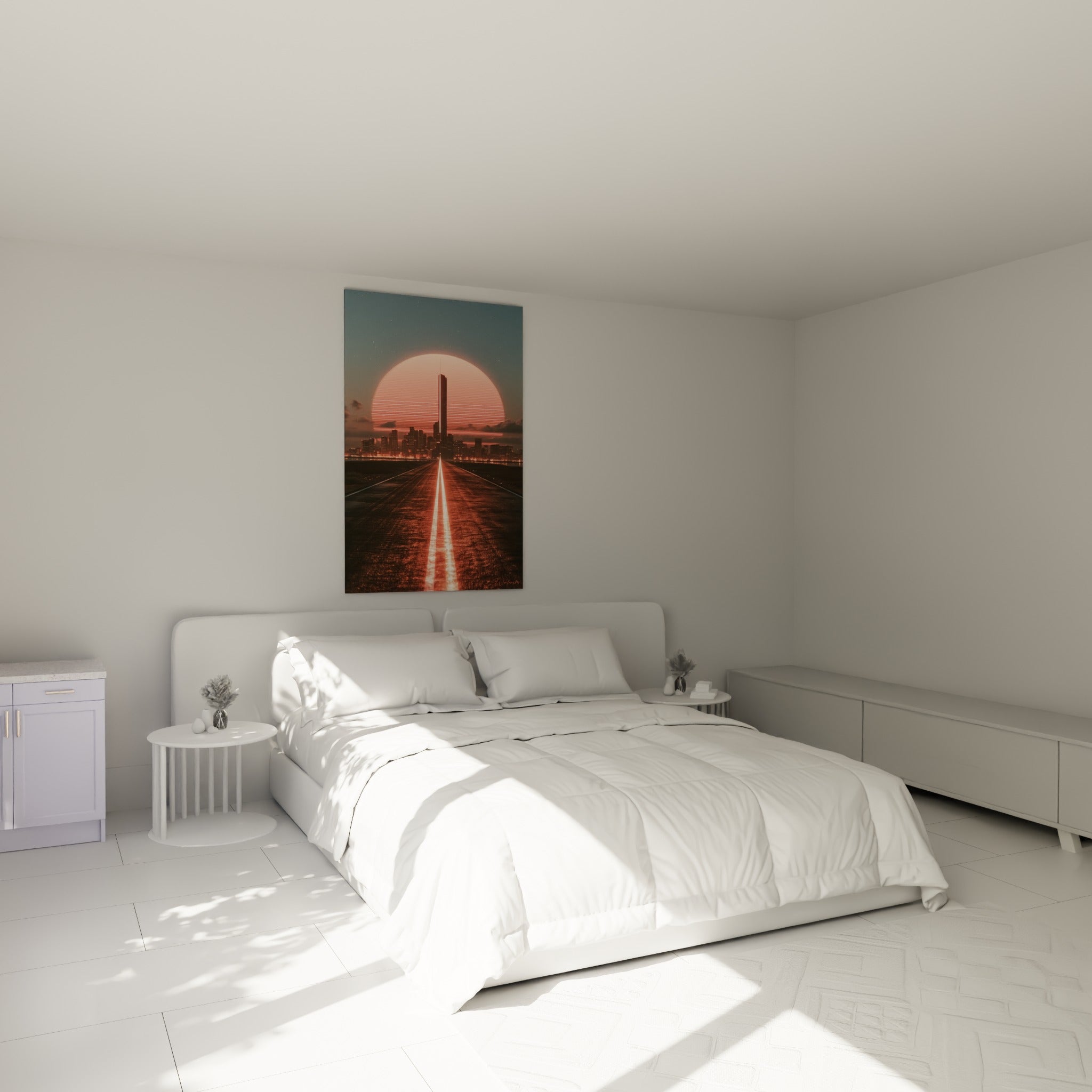 Skyline Rétro corail et bleu anthracite éclairant une chambre au-dessus d'un lit dans une chambre claire