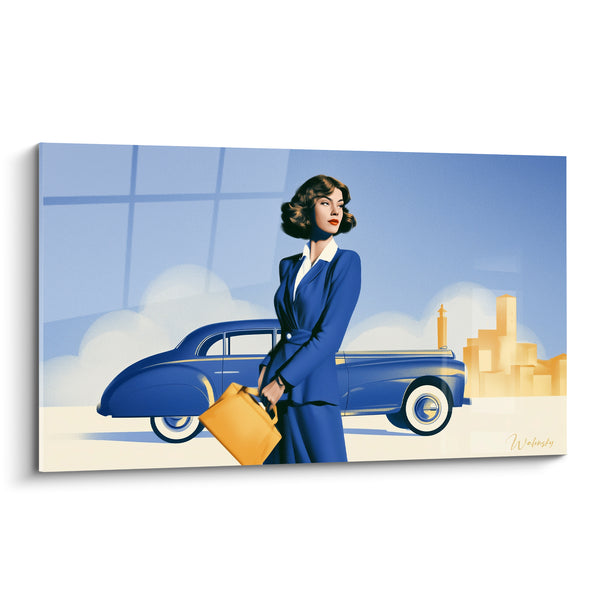 Tableau Voyageuse tailleur bleu automobile dorée - Escale élégante - Edition Rétro