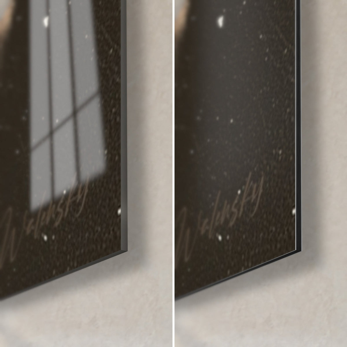 Cuadro rostro rosa y negro, esquina inferior derecha: cristal acrílico brillante con reflejos, aluminio Dibond negro mate, canto de 3 mm y firma
