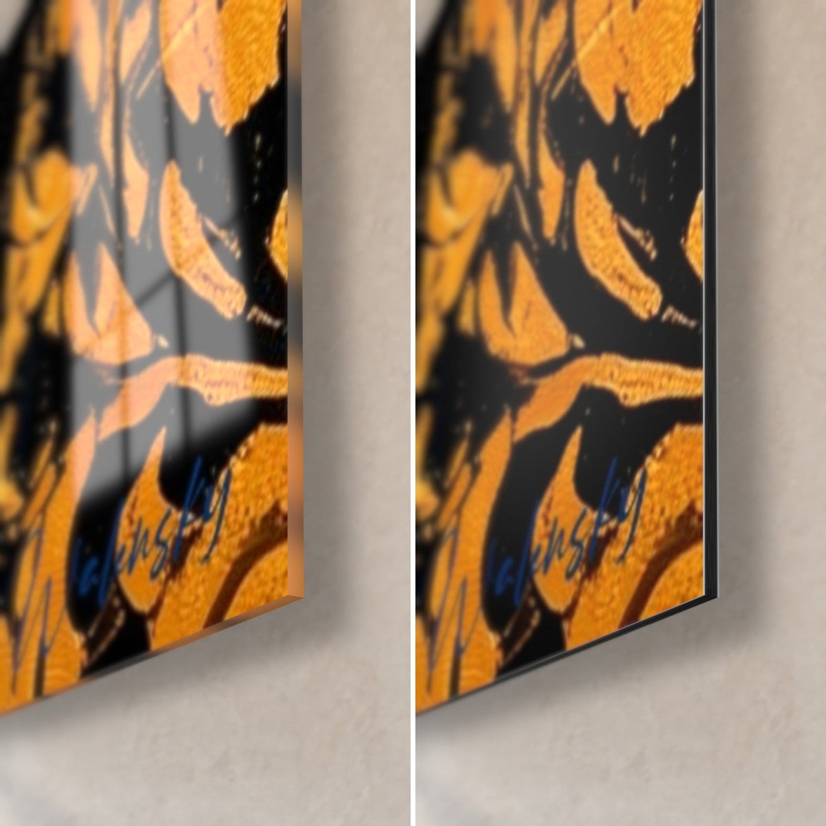 Gemälde Blick in Nachtblau, untere rechte Ecke: glänzendes Acrylglas mit Reflexen links, mattes Dibond-Aluminium rechts, goldene Schnörkel auf Schwarz, 3 mm Kante
