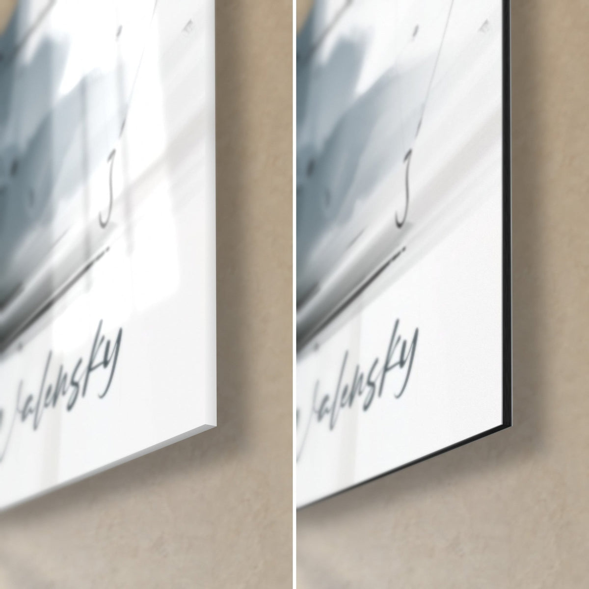 Gemälde eines schwarzen Cabriolets mit weißen Seitenwand-Reifen, unten rechts die Signatur Walensky, glänzendes Glas links, mattes schwarzes Dibond rechts